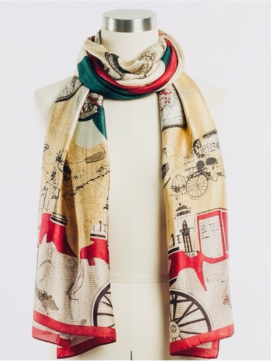 Accessories - Carriage Print Scarf Red Green Cream Silk-Feel Statement Equestrian